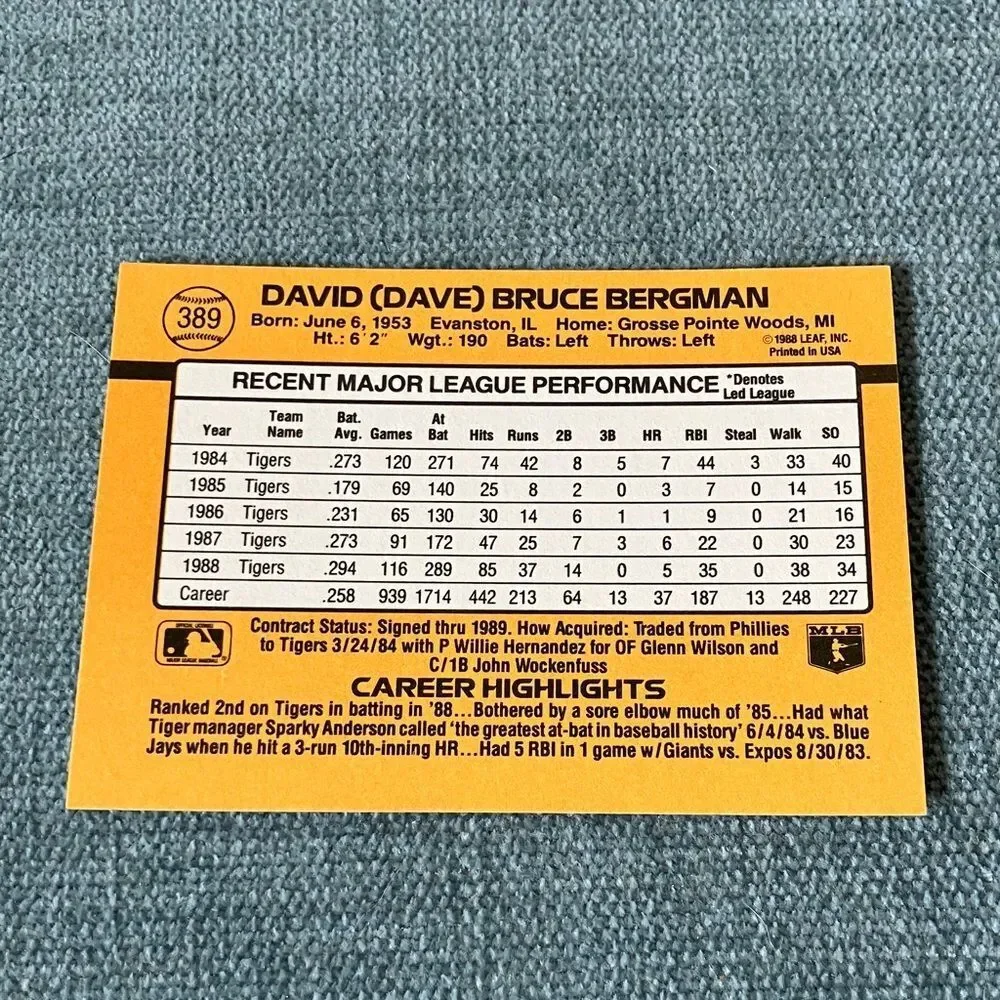 1989 Donruss Detroit Tigers Baseball Card Trading Card